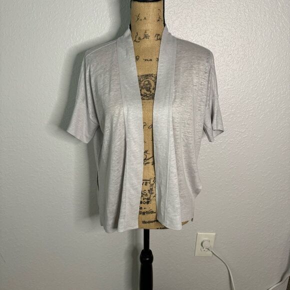 LOFT Cardigan Grey Linen sz XS Open Front Flowy Summer Lightweight Short Sleeve - Picture 1 of 9